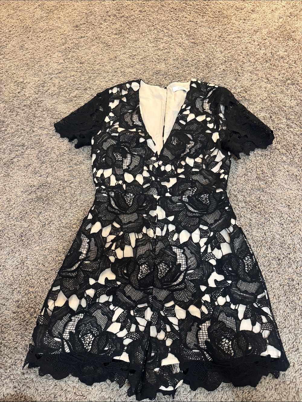 Black Lace Overlay V-Neck Romper with Cream Lining